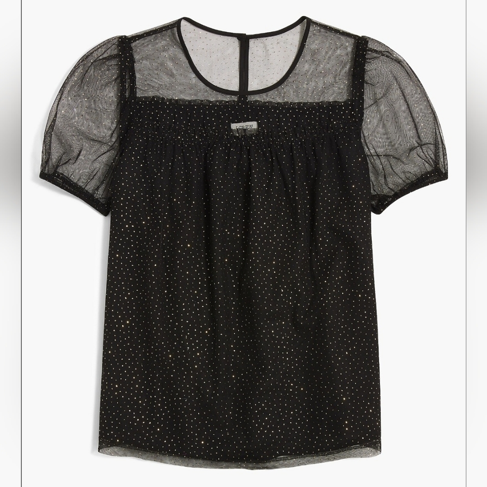 J. Crew Short Sleeve Elegant Black Sheer Blouse Top W Gold Polka Dots Size Med